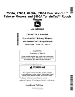 John Deere 7500A, 7700A, 8700A and 8900A PrecisionCut Fairway Mowers and 8800A TerrainCut Rough Mower North American Edition Fairway and rough mower Operator manual OMUC10996 — actual manual cover