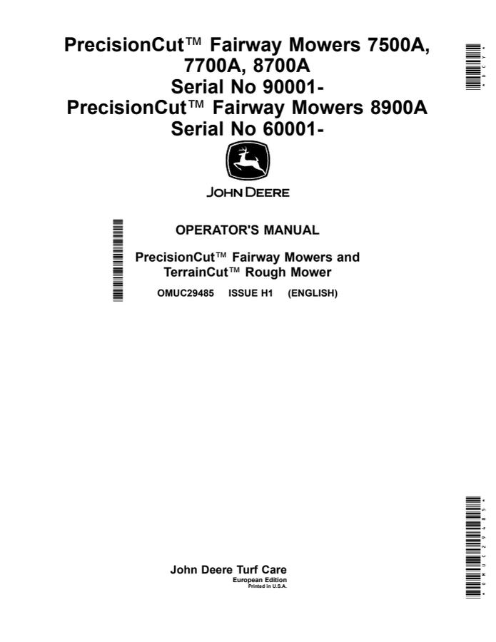 John Deere 7500A, 7700A, 8700A and 8900A PrecisionCut Fairway Mowers European Edition Fairway mower Operator manual OMUC29485 — actual manual cover