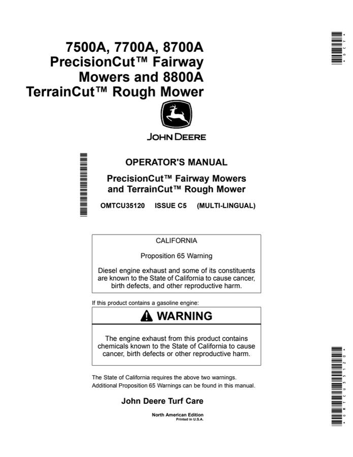 John Deere 7500A, 7700A and 8700A PrecisionCut Fairway Mowers and 8800A TerrainCut Rough Mower North American Edition Fairway and rough mower Operator manual OMTCU35120 — actual manual cover