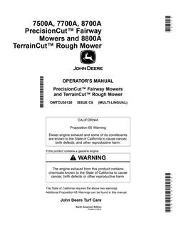 John Deere 7500A, 7700A and 8700A PrecisionCut Fairway Mowers and 8800A TerrainCut Rough Mower North American Edition Fairway and rough mower Operator manual OMTCU35120 — actual manual cover