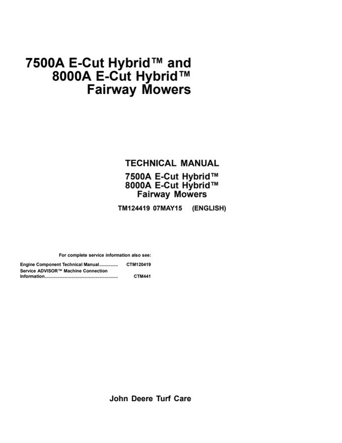 John Deere 7500A, 8000A E-Cut Hybrid Fairway Mower Technical Manual TM124419 — actual manual cover