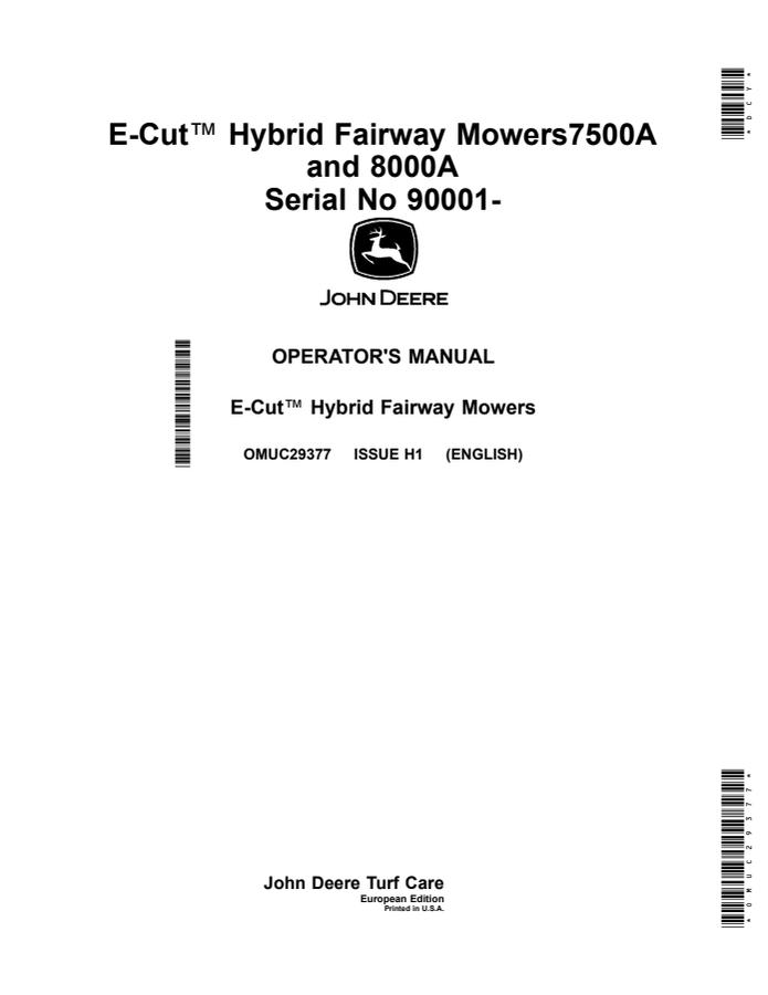 John Deere 7500A; 8000A Fairway mower Operator manual OMUC29377 — actual manual cover