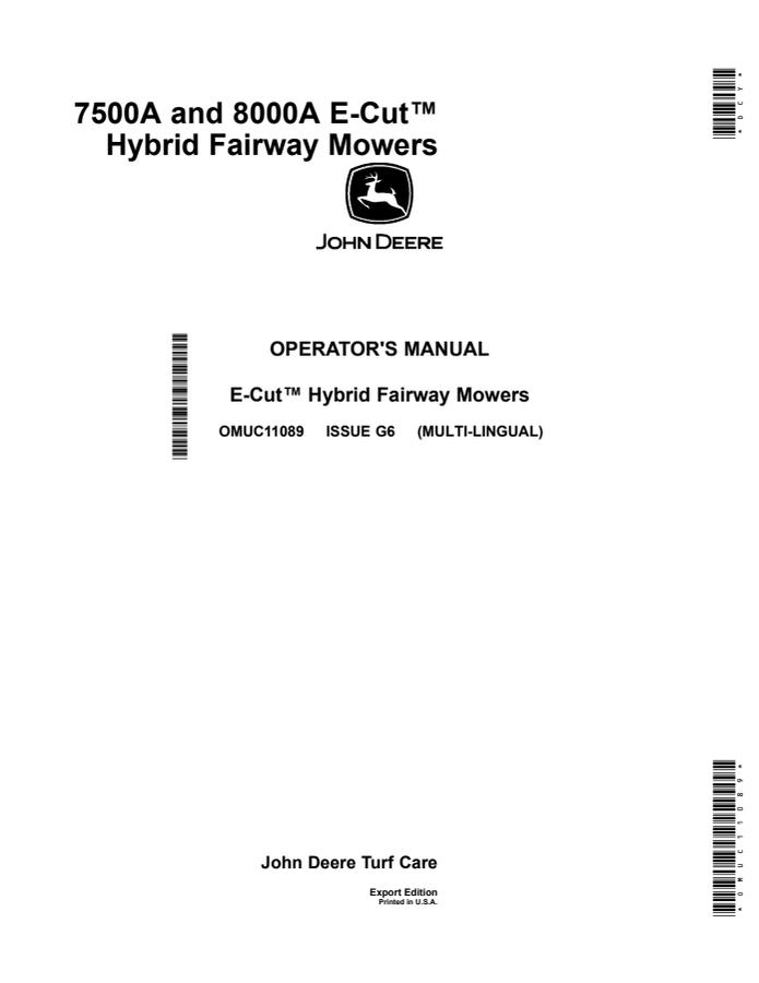 John Deere 7500A and 8000A E-Cut Hybrid Fairway Mowers Export Edition Fairway mower Operator manual OMUC11089 — actual manual cover