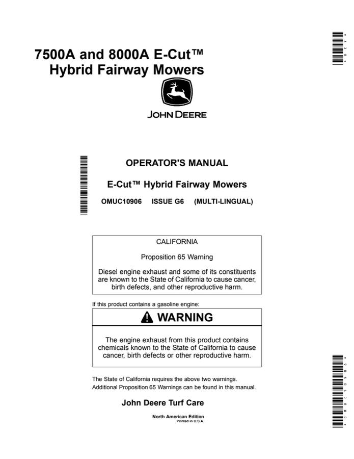 John Deere 7500A and 8000A E-Cut Hybrid Fairway Mowers North American Edition Fairway mower Operator manual OMUC10906 — actual manual cover