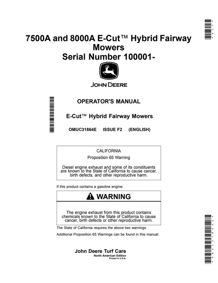 John Deere 7500A and 8000A E-Cut Hybrid Fairway Mowers North American Edition Fairway mower Operator manual OMUC31864E — actual manual cover
