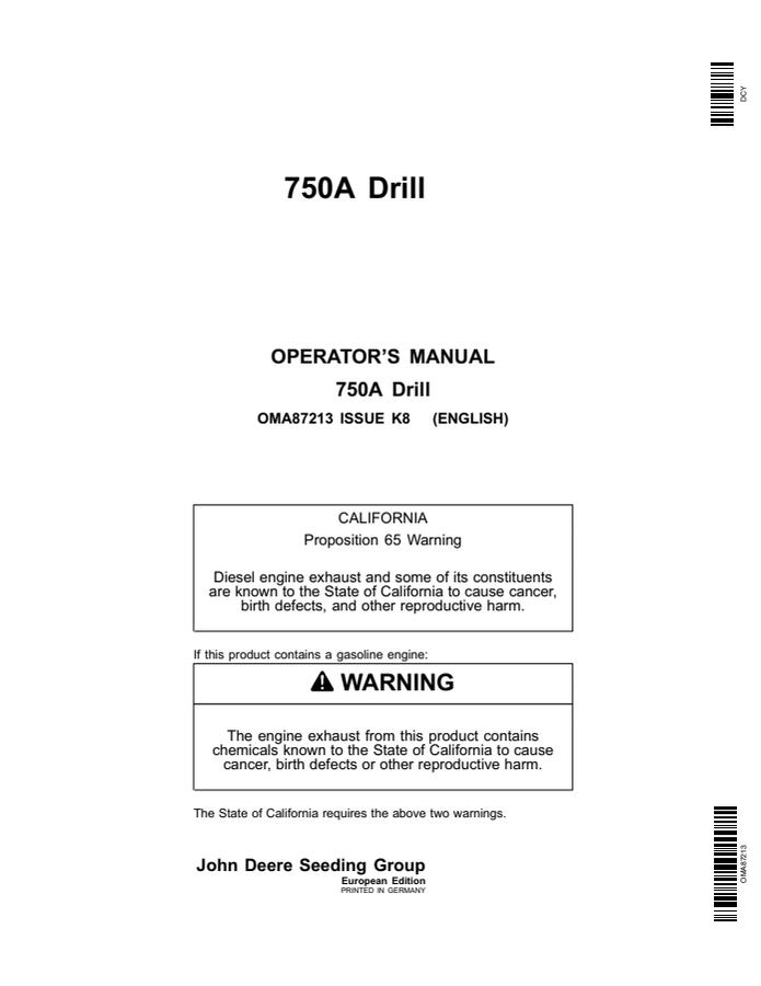 John Deere 750A Drill European Edition Drill Operator manual OMA87213 — actual manual cover