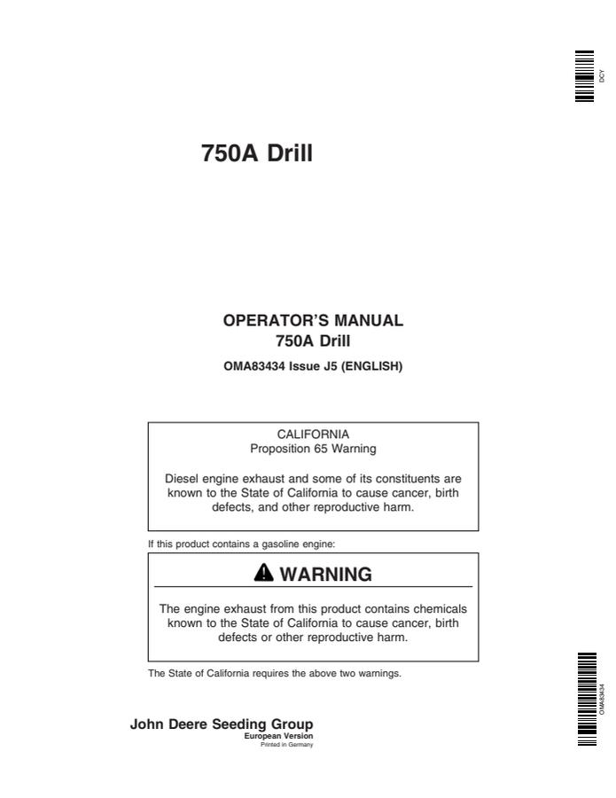 John Deere 750A Drill European Version Drill Operator manual OMA83434 — actual manual cover