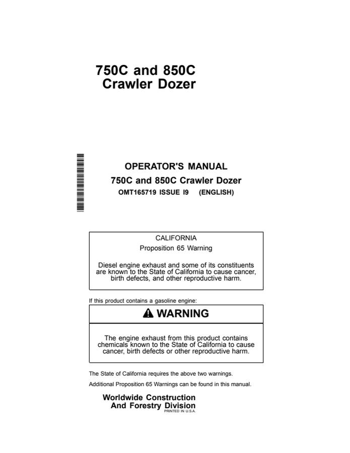 John Deere 750C and 850C Crawler Dozers Crawler dozer Operator manual OMT165719 — actual manual cover