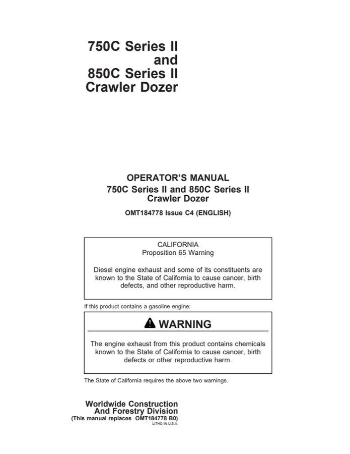 John Deere 750C and 850C Series II Crawler Dozers Crawler dozer Operator manual OMT184778 — actual manual cover