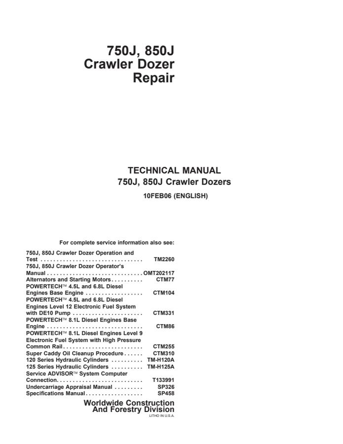 John Deere 750J, 850J Crawler dozer Repair technical manual TM2261 — actual manual cover