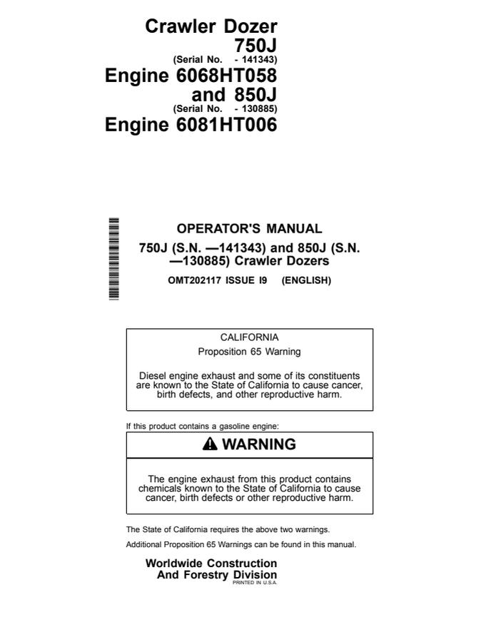 John Deere 750J and 850J Crawler Dozers Crawler dozer Operator manual OMT202117 — actual manual cover
