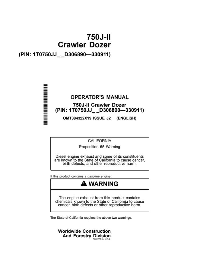 John Deere 750J-II Crawler Dozer Crawler dozer Operator manual OMT384322X19 — actual manual cover