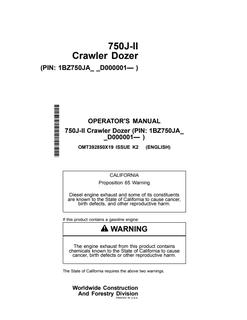 John Deere 750J-II Crawler Dozer Crawler dozer Operator manual OMT392850X19 — actual manual cover