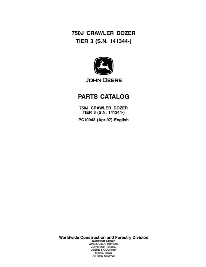 John Deere 750J Tier 3 Crawler dozer Parts catalog PC10043 — actual manual cover