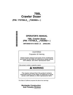 John Deere 750L Crawler Dozer Operator Manual OMT409551X19 — actual manual cover