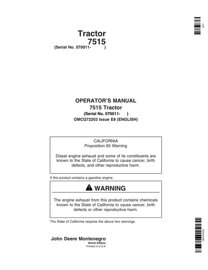 John Deere 7515 Tractor Operator manual OMCQ72203 — actual manual cover