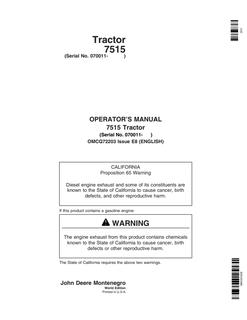 John Deere 7515 Tractor Operator manual OMCQ72203 — actual manual cover