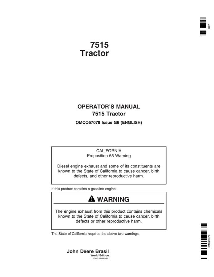 John Deere 7515 Tractor Operator's manual OMCQ57078 — actual manual cover