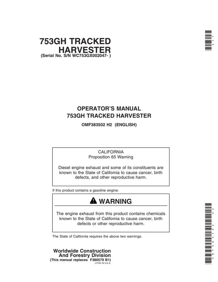 John Deere 753GH Tracked Harvester Harvester Operator manual OMF383502 — actual manual cover