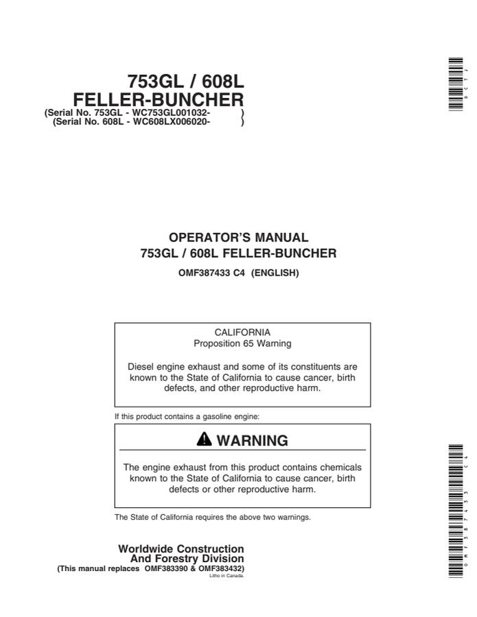 John Deere 753GL, 608L Feller-buncher Operator manual OMF387433 — actual manual cover