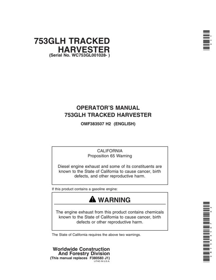 John Deere 753GLH Tracked Harvester Harvester Operator manual OMF383507 — actual manual cover