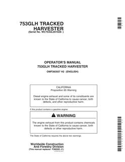 John Deere 753GLH Tracked Harvester Harvester Operator manual OMF383507 — actual manual cover