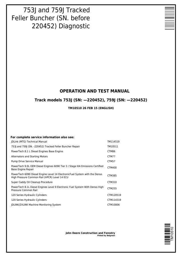 John Deere 753J, 759J Tracked Feller Buncher Diagnostic Operation and Test Manual TM10510 — actual manual cover