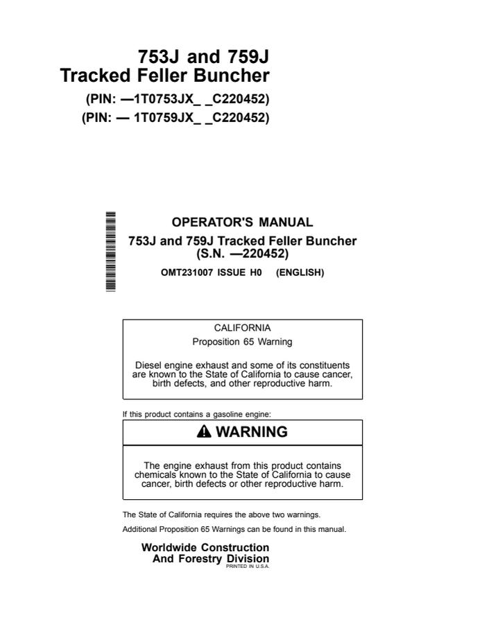 John Deere 753J, 759J Tracked feller buncher Operator's manual OMT231007 — actual manual cover