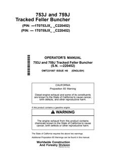 John Deere 753J, 759J Tracked feller buncher Operator's manual OMT231007 — actual manual cover