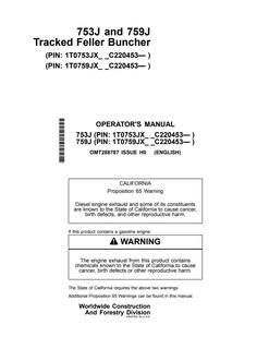 John Deere 753J and 759J Tracked Feller Bunchers Feller buncher Operator manual OMT288787 — actual manual cover