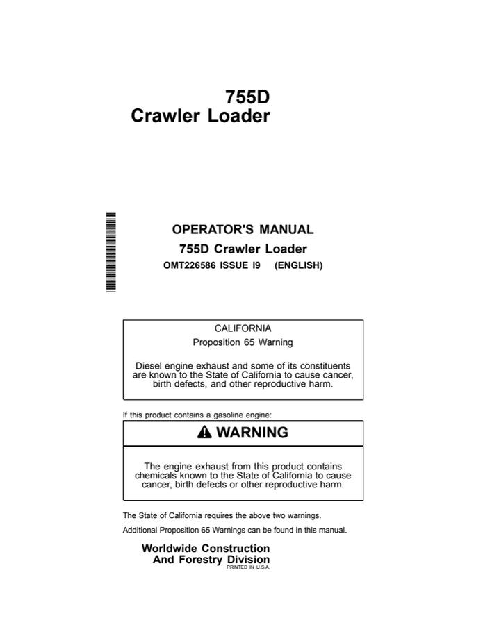 John Deere 755D Crawler Loader Crawler loader Operator manual OMT226586 — actual manual cover