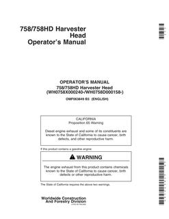 John Deere 758, 758HD Harvester Head Operator Manual OMF063849 — actual manual cover