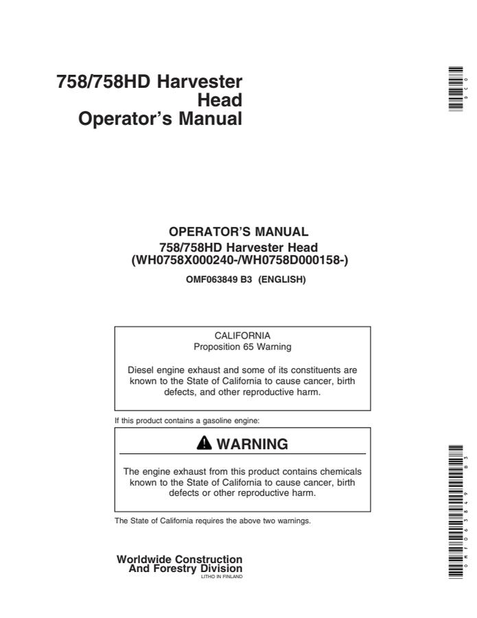 John Deere 758 and 758HD Harvester Head Harvester head Operator manual OMF063849 — actual manual cover