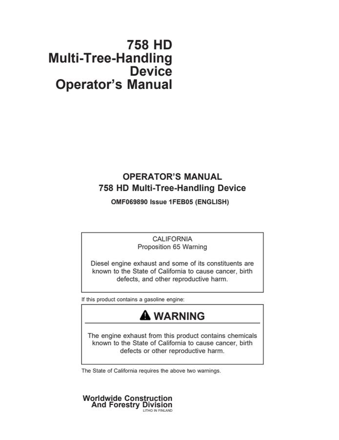John Deere 758 HD Multi-Tree Handling Device Operator's Manual OMF069890 — actual manual cover