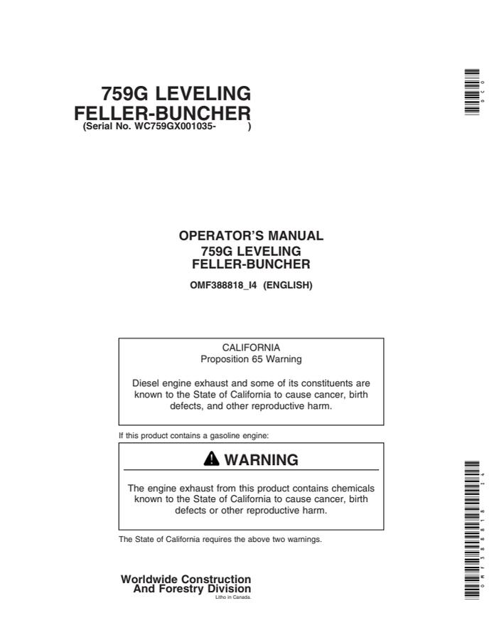 John Deere 759G Leveling Feller-Buncher Feller buncher Operator manual OMF388818 — actual manual cover