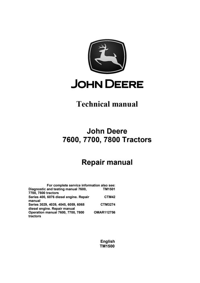 John Deere 7600, 7700, 7800 Tractor Repair manual TM1500 — actual manual cover