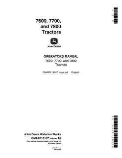 John Deere 7600, 7700 and 7800 Tractors European Edition Tractor Operator manual OMAR113107 — actual manual cover