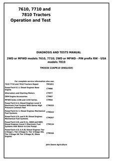 John Deere 7610, 7710, 7810 Tractor Diagnosis and Tests Manual TM2030 — actual manual cover
