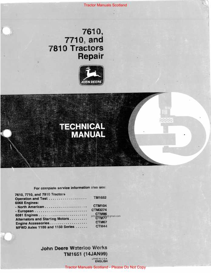 John Deere 7610, 7710, 7810 Tractor Repair technical manual TM1651 — actual manual cover