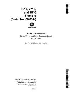 John Deere 7610, 7710 and 7810 Tractors European Edition Tractor Operator manual OMAR172276 — actual manual cover