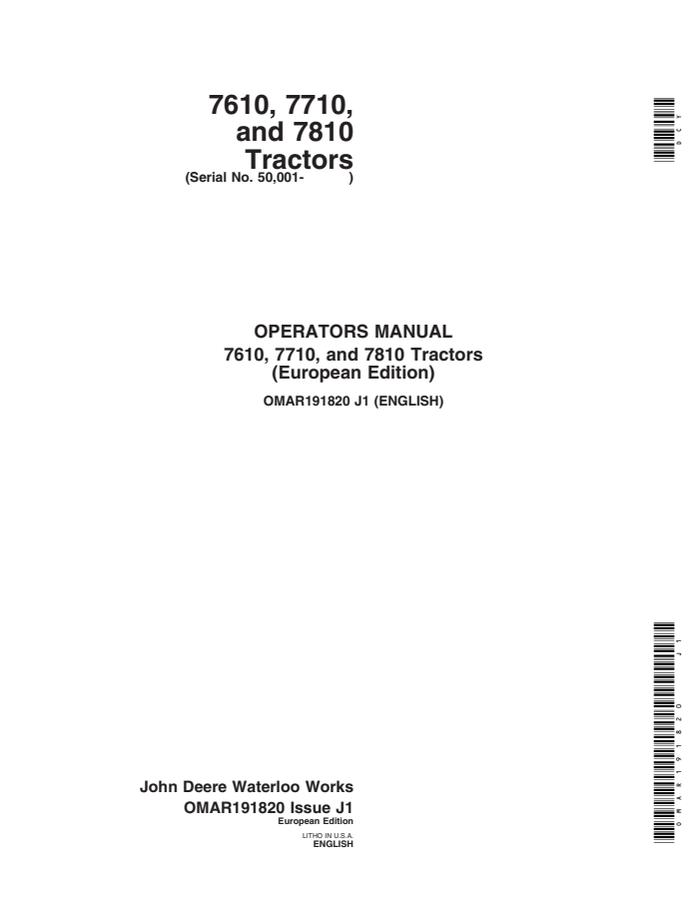 John Deere 7610, 7710 and 7810 Tractors European Edition Tractor Operator manual OMAR191820 — actual manual cover