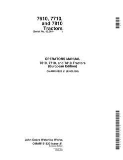 John Deere 7610, 7710 and 7810 Tractors European Edition Tractor Operator manual OMAR191820 — actual manual cover