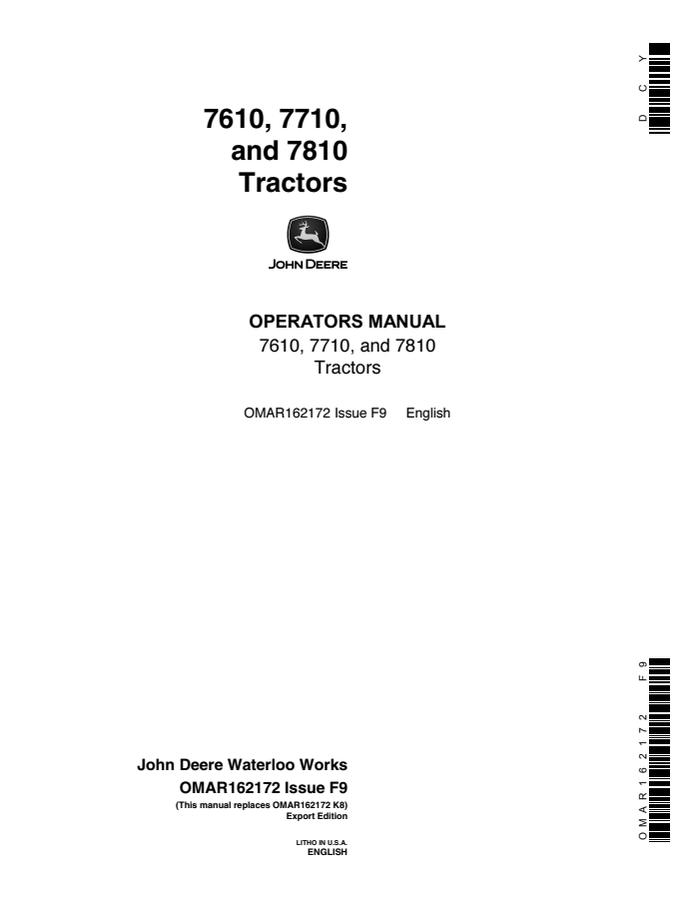 John Deere 7610, 7710 and 7810 Tractors Export Edition Tractor Operator manual OMAR162172 — actual manual cover