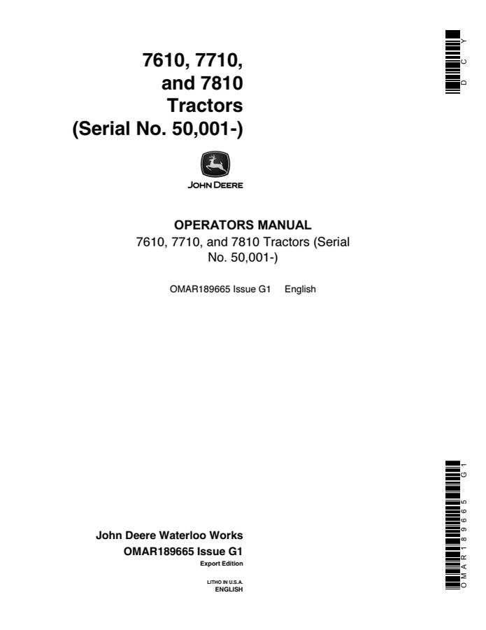 John Deere 7610, 7710 and 7810 Tractors Export Edition Tractor Operator manual OMAR189665 — actual manual cover