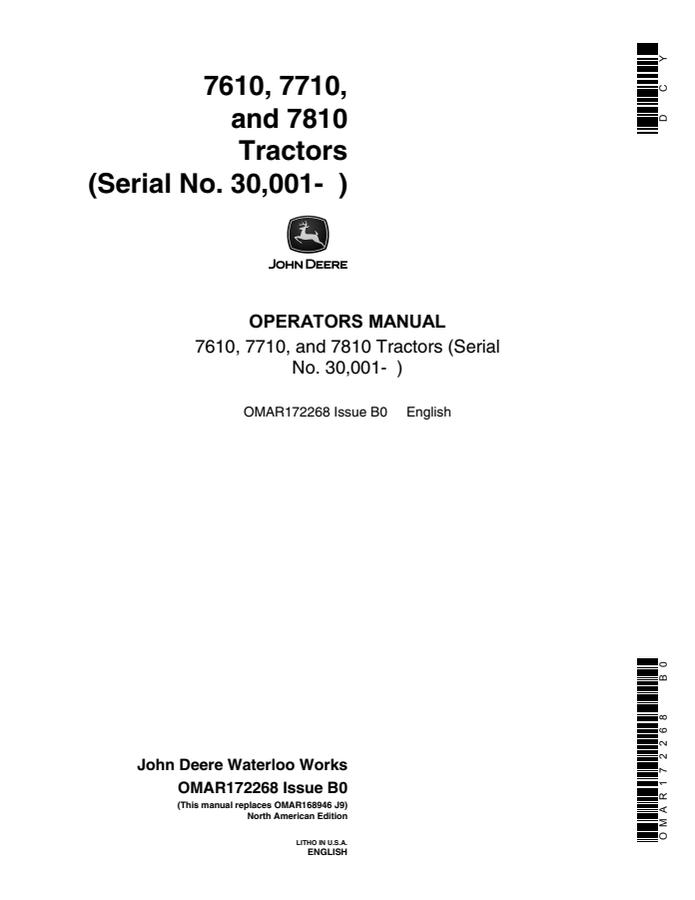 John Deere 7610, 7710 and 7810 Tractors North American Edition Tractor Operator manual OMAR172268 — actual manual cover