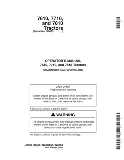 John Deere 7610, 7710 and 7810 Tractors North American Edition Tractor Operator manual OMAR189662 — actual manual cover