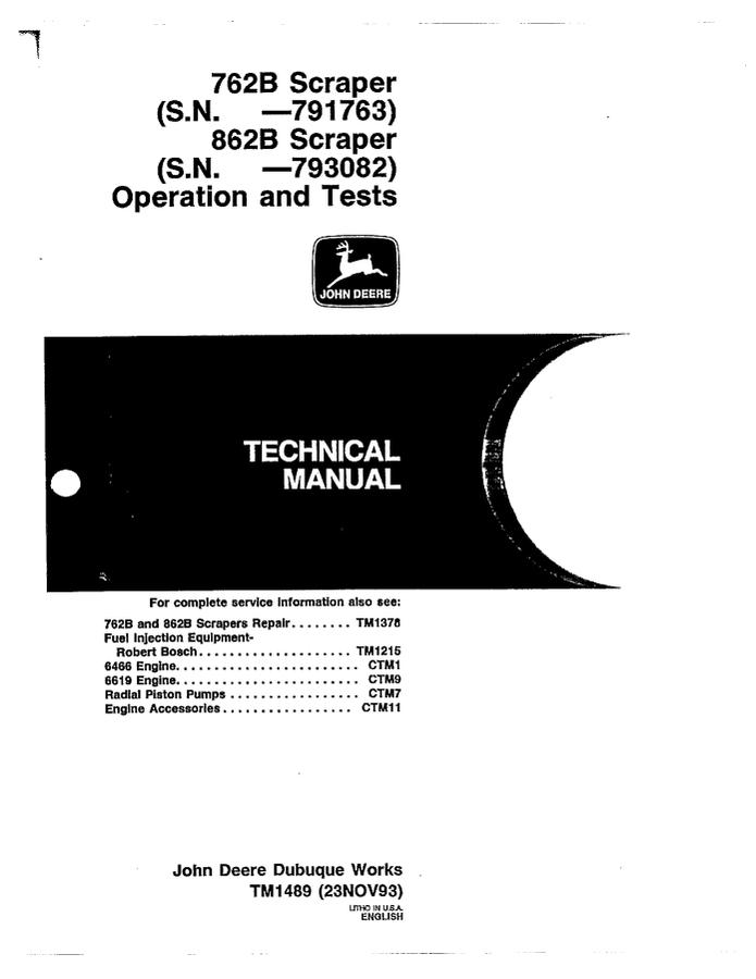 John Deere 762B, 862B Scraper Operation and tests technical manual TM1489 — actual manual cover