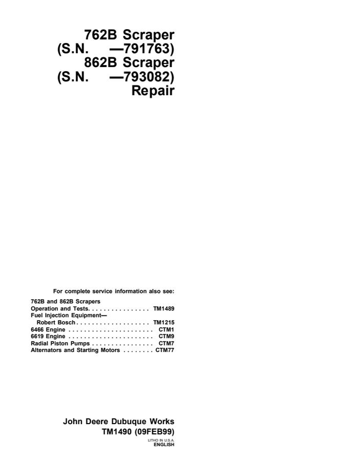 John Deere 762B, 862B Scraper Repair technical manual TM1490 — actual manual cover