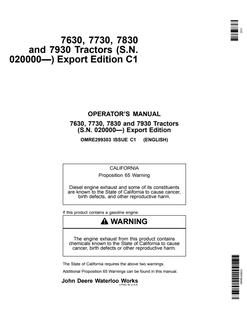 John Deere 7630, 7730, 7830, 7930 Agricultural tractor Operator's manual OMRE299303 — actual manual cover