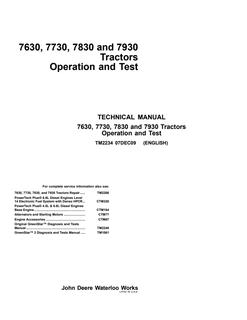 John Deere 7630, 7730, 7830, 7930 Tractor Operation and test manual TM2234 — actual manual cover